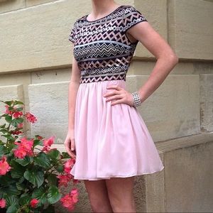Short formal dress with sequined top and pink skirt